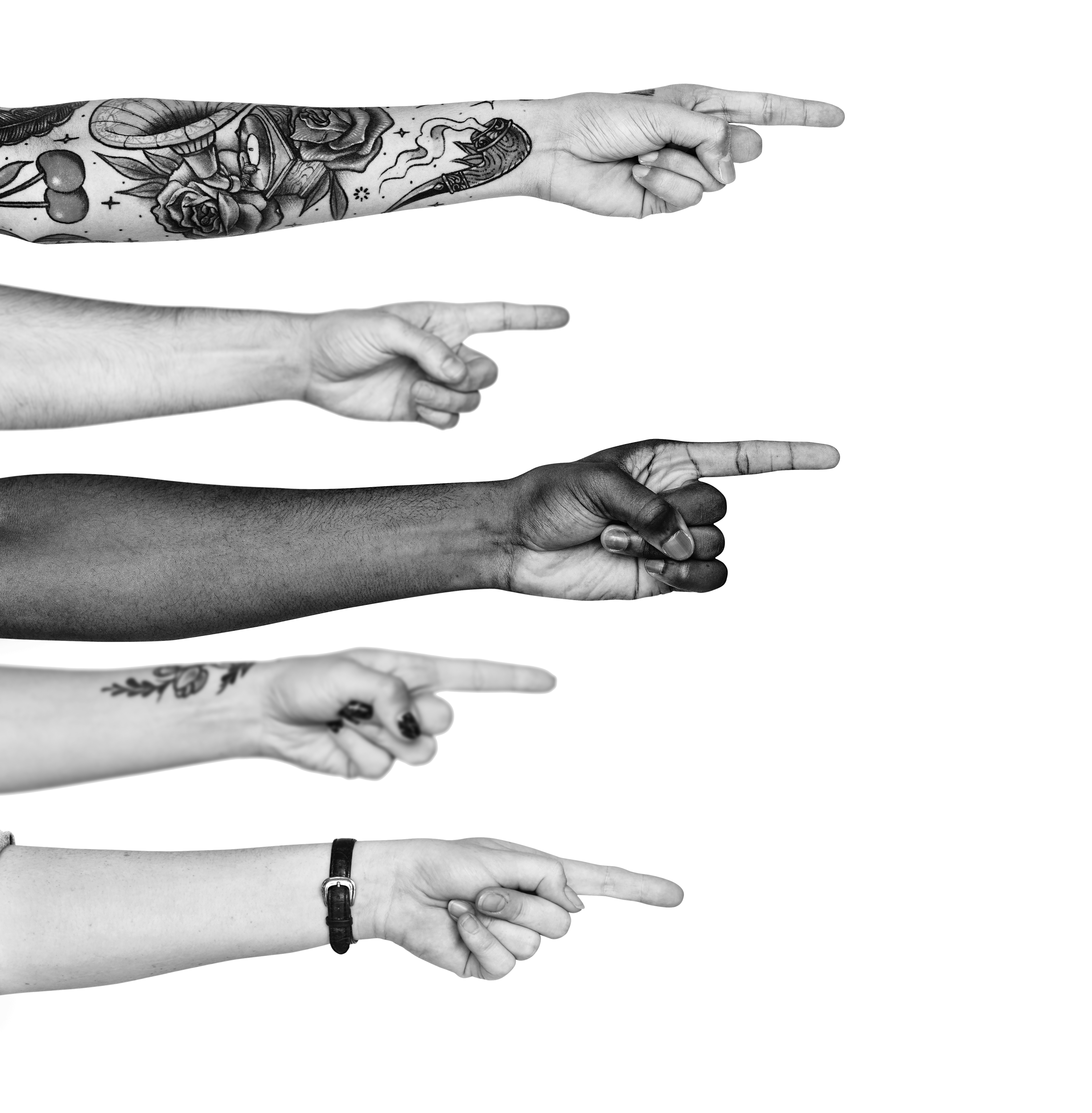 verschiedene Hände zeigen nach rechts